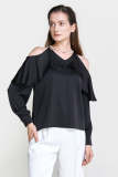 Black Pearl Necklace Off-the-Shoulder Flounce-Trimmed Blouse