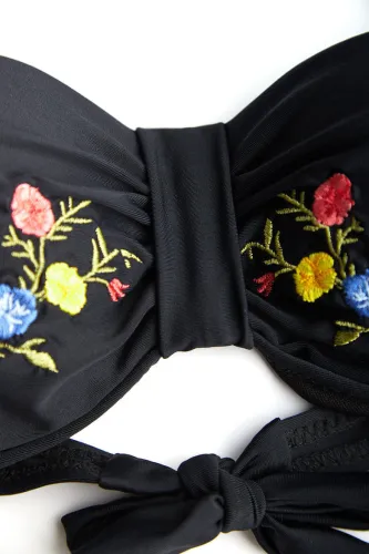 Black Embroidered Detail Bandeau & Cheeky Bottom & Cover-Up Skirt 3pcs Set