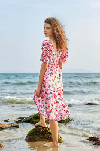 Pink Floral Print Square Neck Puff Sleeve Midi Dress