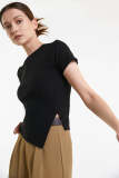 Black Ribbed Asymmetric Side Slit T-shirt