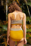 Khaki Striped Bandeau Bikini With High Waisted Bottom