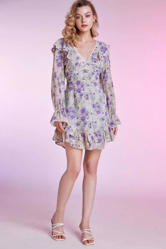 Medium Orchid Lace-Up Back Floral Print Mini Dress
