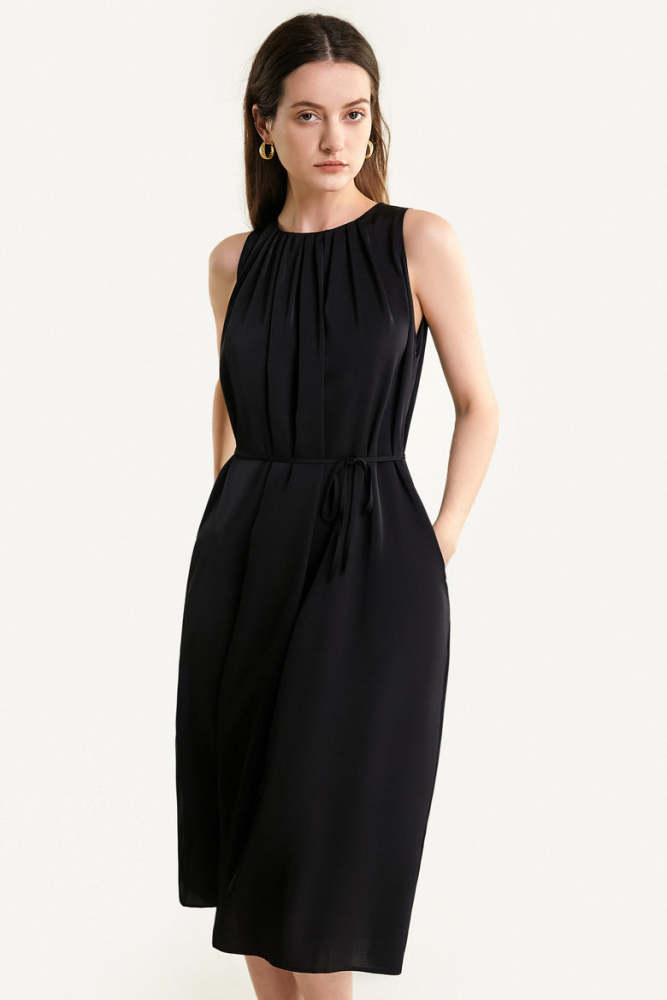 Black Satin Sleeveless Pleated Midi Dress