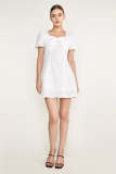 White Textured Bow Detail Puff Sleeve Mini Dress