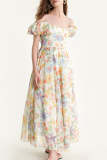 Multicolor Floral Print Off-the-Shoulder Lace-Up Maxi Dress