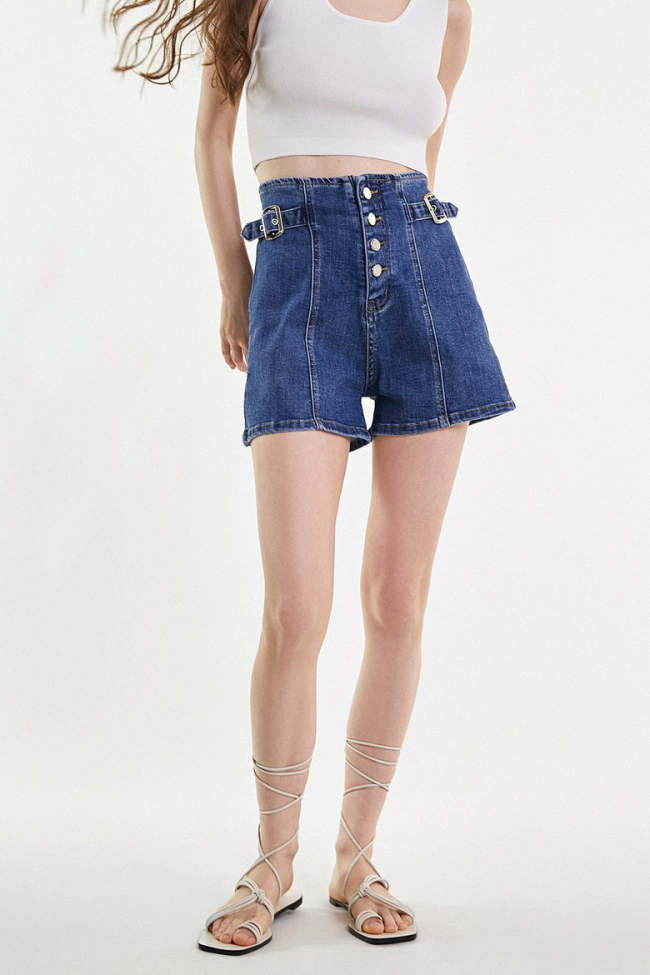 Dark Blue Wash High Rise Exposed Button Fly Denim Shorts