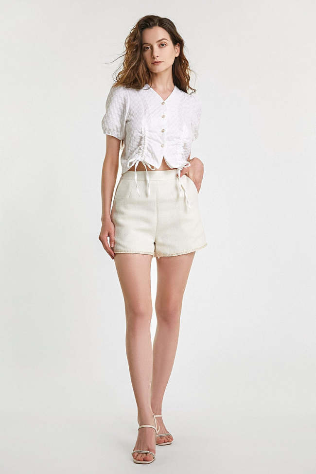 White Textured Drawstring Front Faux-Pearl Button Blouse