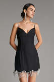 Black Rhinestone Fringe Hem Bodycon Mini Dress