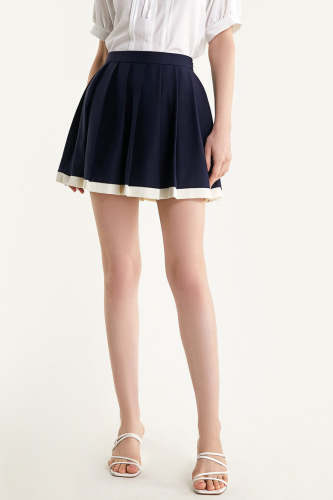 Midnight Blue High Rise Contrast Hem Pleated Mini Skirt