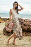 Linen Paisley Print Ruched Drawstring Elastic Waist Midi Skirt