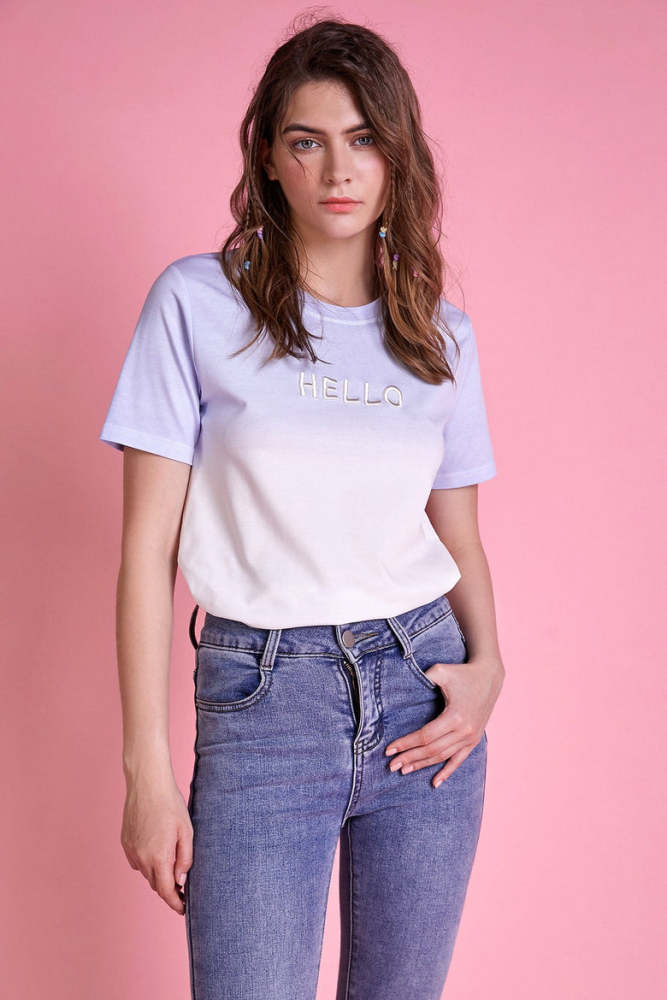 Cornflower Blue Contrast-Panel Embroidery Detail T-shirt