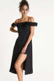 Black Off-the-Shoulder Ruffle Trim Spaghetti Strap Midi Dress