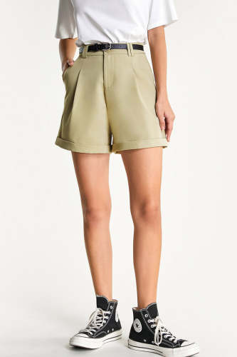 Tan Belted A-Line Turned-Up Hem Shorts