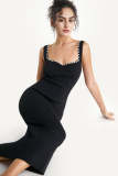 Black Faux-Pearl Trim Sweetheart Neck Knit Bodycon Midi Dress
