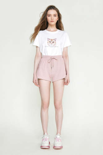 Pink Textured Elastic Waist Shorts