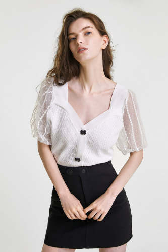 White Button-Up Sheer Puff Sleeve Knitted Blouse