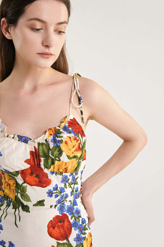 Ivory Floral Print Tie Strap Ruffled Hem Mini Dress