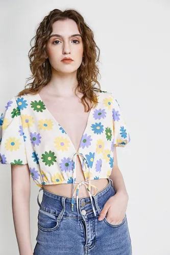 Sea Shell Floral Print Tie Front Drawstring Hem Blouse