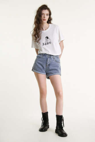 Flash Sale                Light Blue Wash Turn-Up Hem High Rise Denim Shorts