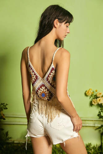 Beige Granny Square Crochet Cami Cover-Up