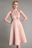 Pink Halterneck Tie Waist Keyhole Midi Dress