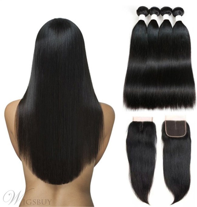 Wigsbuy Natural Straight Human Hair Bundles With Closure 4 Bundles With Closure