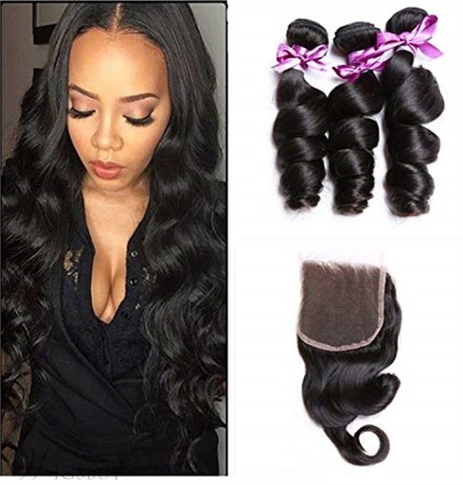 Wigsbuy Indian Loose Wave Lace Closure With 3pcs Human Hair Weave