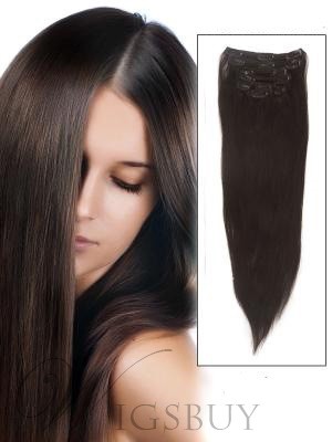 # 2 Dark Brown 7 Piece Silky Straight Clip In Human Hair Extension 12 Inches