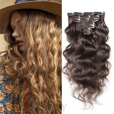 Clip In 7 PCS Sexy India Remi Human Hair Body Wave Hair Extensions