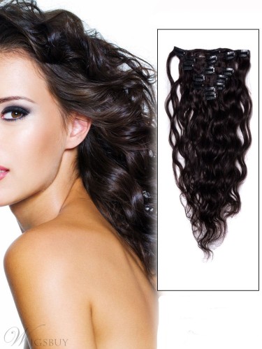 Remy Human Hair Extension Wavy Dark Brown 7PCS Clip in Remy Human Hair Extensions