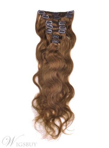 Wavy Light Chestnut (#8) 7PCS Clip in Remy Human Hair Extensions
