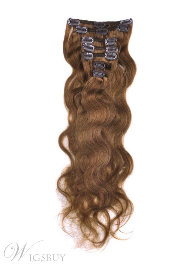 Wavy Light Chestnut (#8) 7PCS Clip in Remy Human Hair Extensions