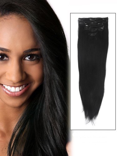 Jet Black(#1) 7 Piece Silky Straight Clip In Human Hair Extension -