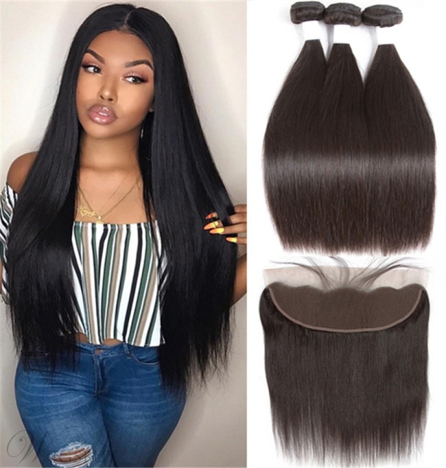 Wigsbuy 3 Bundles Brazlian Hair Natural Straight Human Hair With Lace Frontal