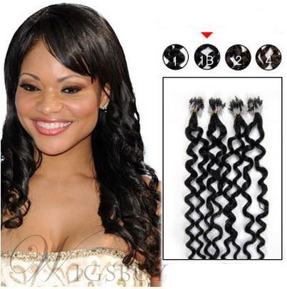 Natural Curly Black (#1) 100S Human Hair Micro Loop Ring Hair Extensions