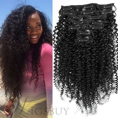 Black Women Kinky Curly 7 pcs Clip In Human Hair Extensions