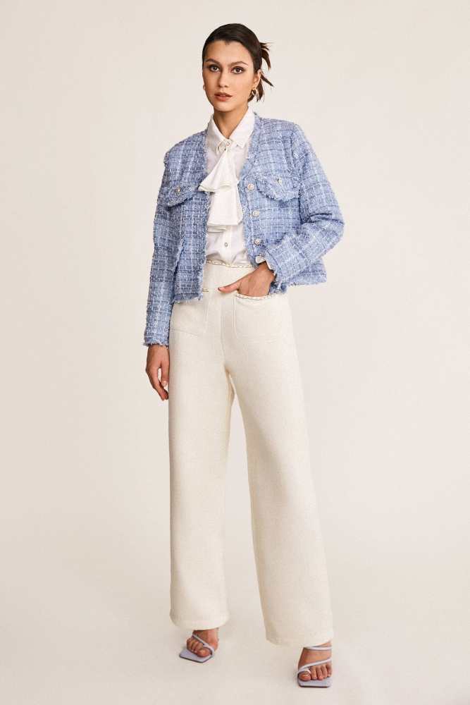 Light Sky Blue Frayed V-Neck Tweed Jacket