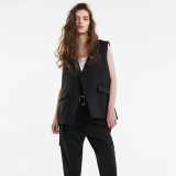 Black Open Front Overlap Back Longline Vest