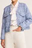 Light Sky Blue Frayed V-Neck Tweed Jacket