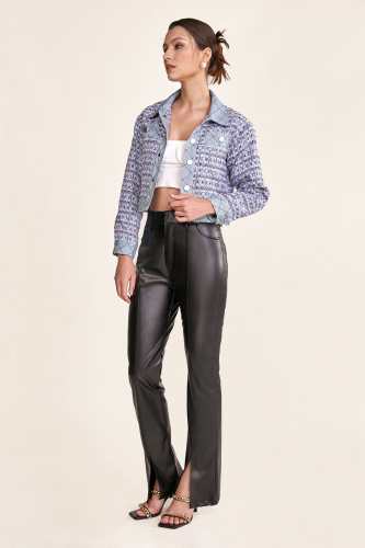 Light Steel Blue Denim Trim Button Front Tweed Jacket