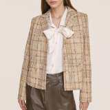 Tan Textured Plaid Button-Up Cropped Tweed Blazer