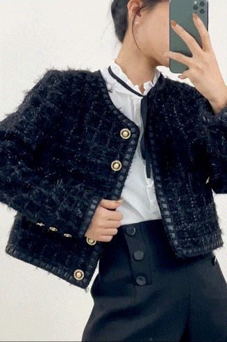 Black Frayed Pocket Detail Round Neck Button-Up Tweed Jacket