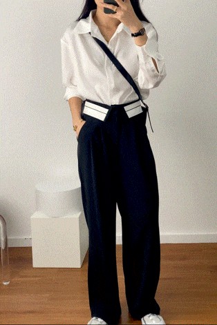 Black Contrast Foldover Waist Wide Leg Pants 