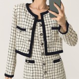 Ivory Contrast Trim Checked Wool-Blend Tweed Jacket 
