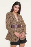 Saddle Brown Belted Houndstooth Single-Breasted Blazer