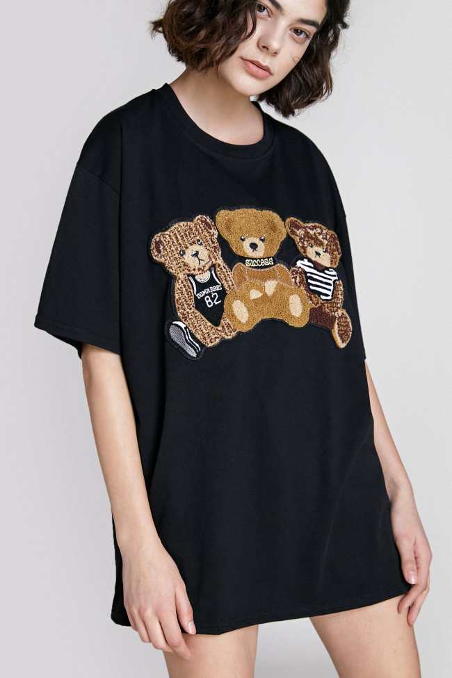 Black Teddy Bear Embroidered T-Shirt