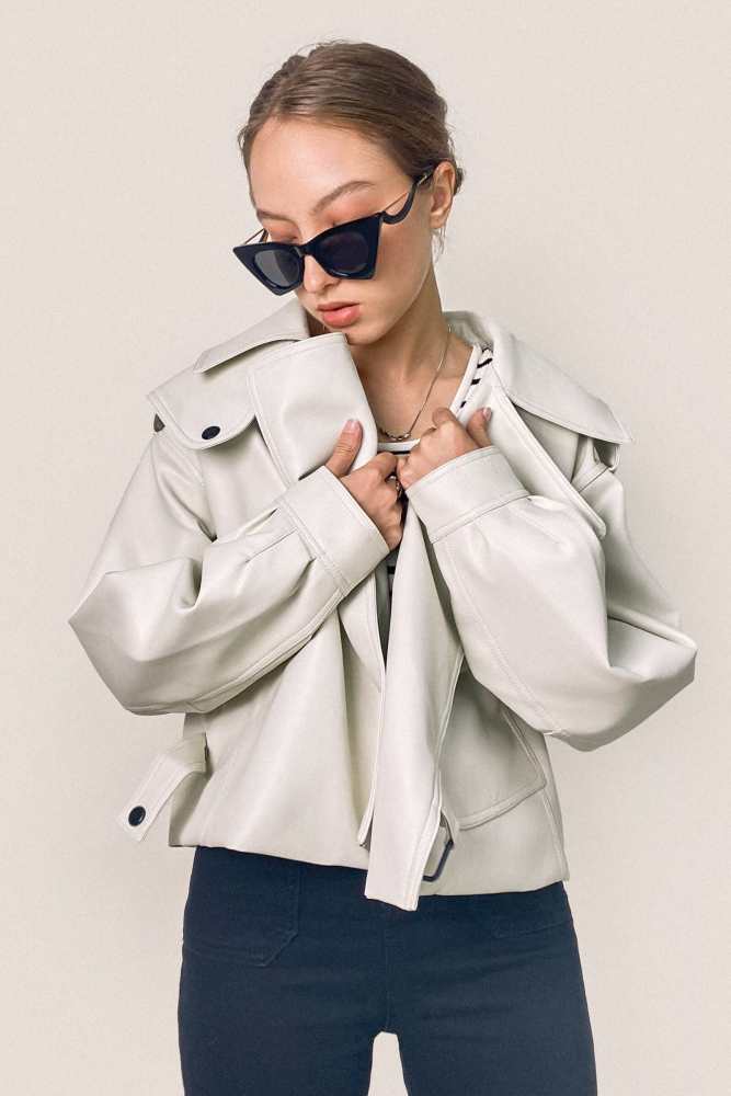 Beige Vegan Leather Pocket Detail Biker Jacket