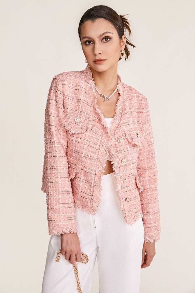 Pink Frayed V-Neck Tweed Jacket