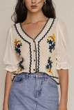 White Floral Embroidery Contrast Trim Cardigan