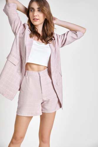 Light Pink Checkered Blazer \u0026 Shorts Set